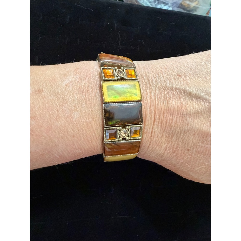 Vintage Amber Brown Mosaic Stretch Bracelet Rhinestone Gold Tone Boho Statement